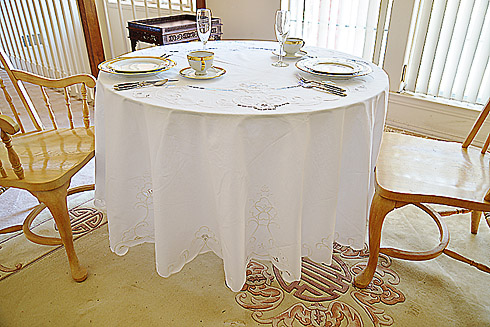 Imperial fine embroidery tablecloth. 88"Round. White.